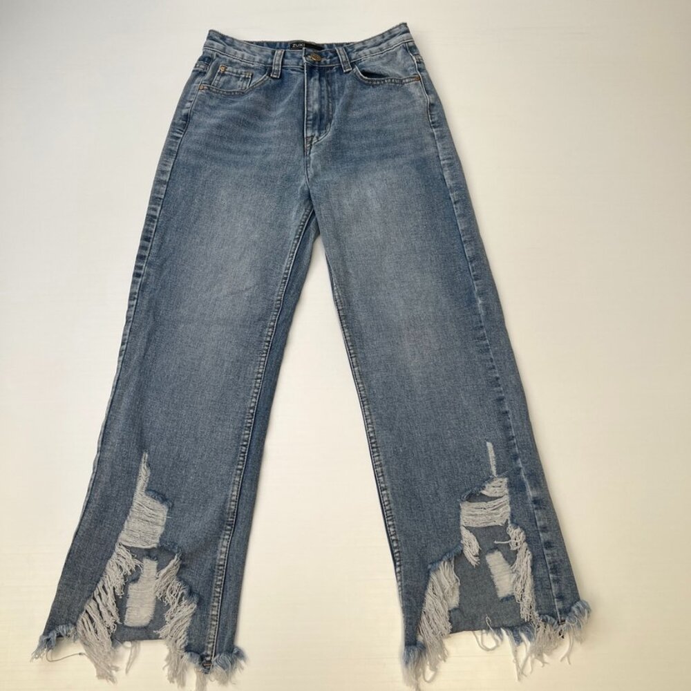 Zuiki Jean Women Extra Small High Rise Crop 25x25 Zip Distressed Denim Core Ex